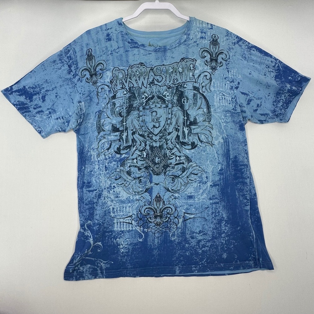 Y2K Raw State‎ Graphic T-Shirt Mens Large Blue Vintage Skulls Crest Affliction